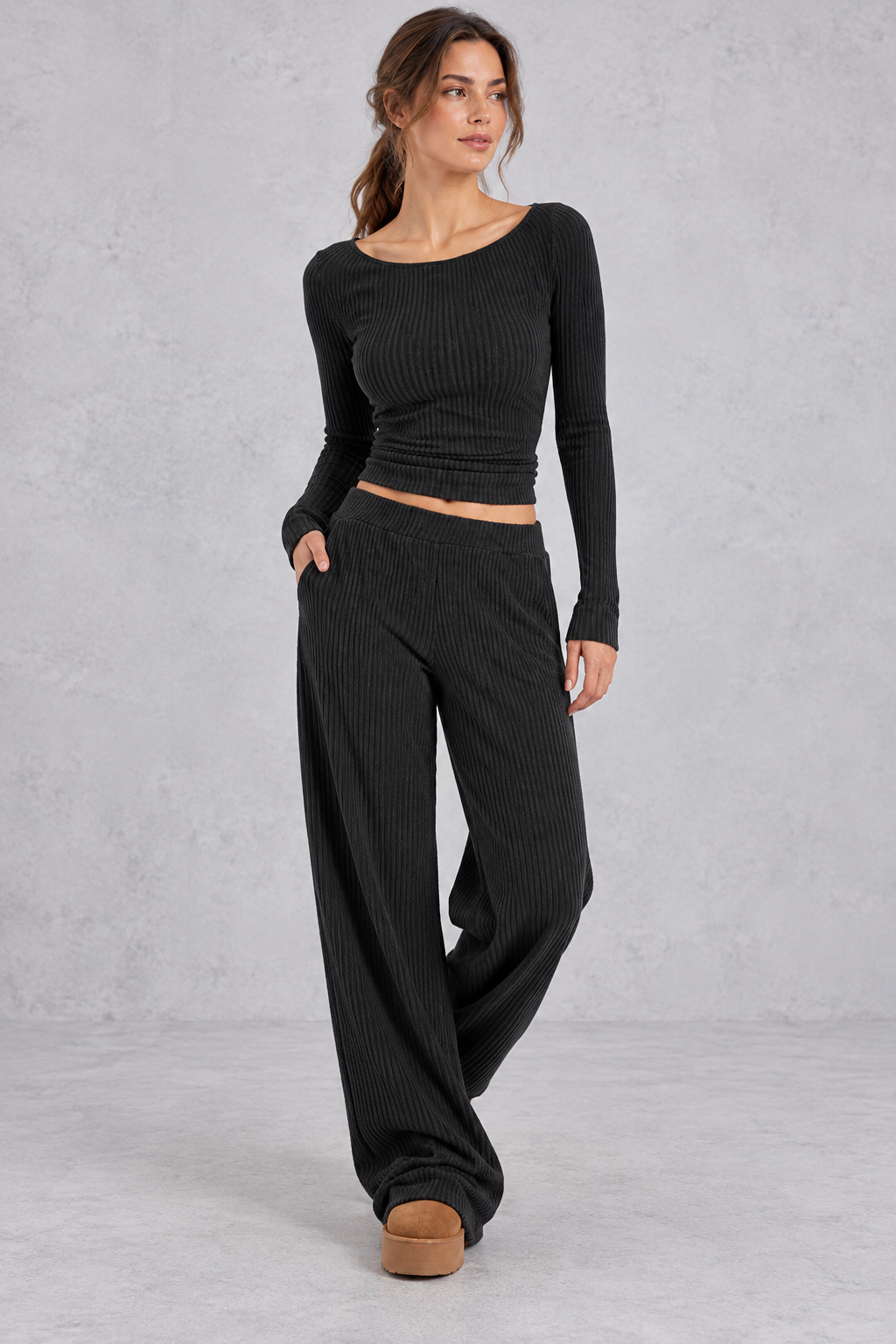 Ribbed lounge set styled with sneakers for a casual day