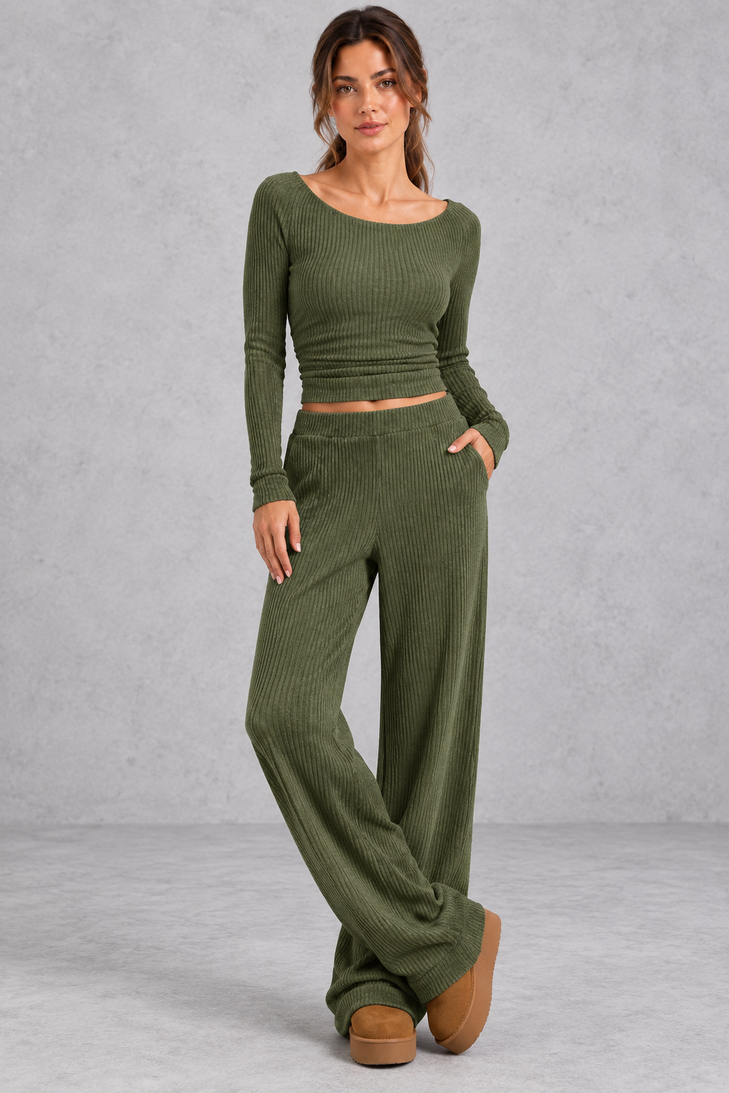 Ribbed knit two-piece set shown in an alternate color