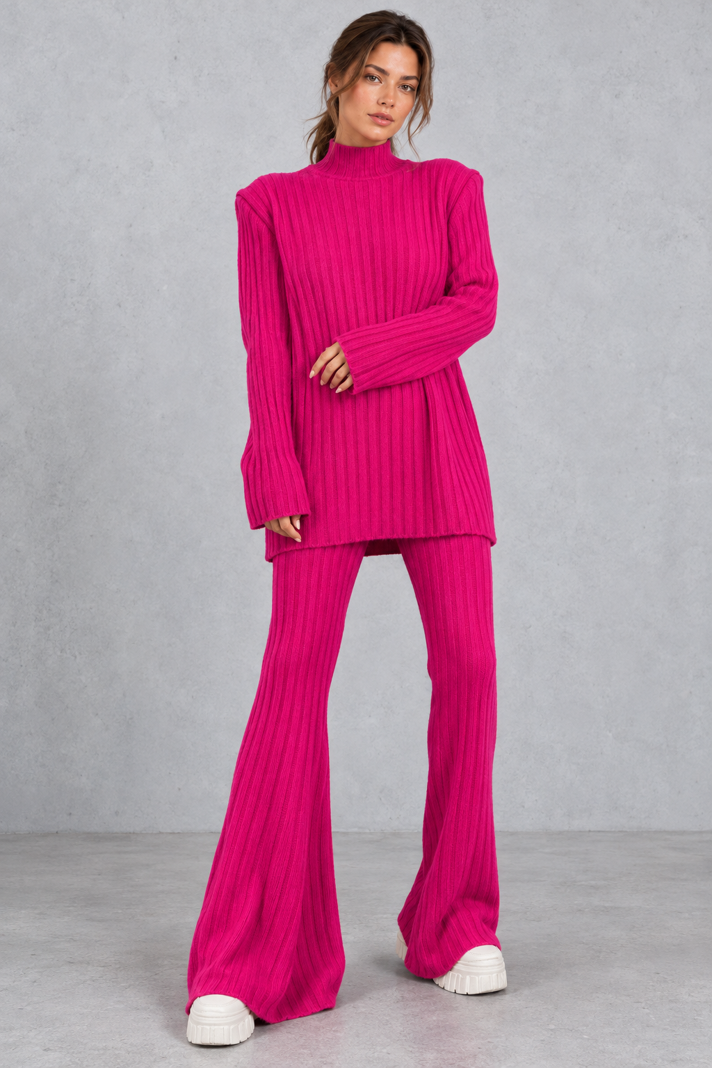 Women's Ribbed Turtleneck & Flared Pants Set – Pink