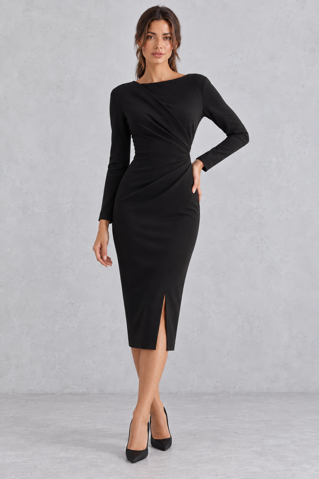 Close-up of ruched detailing on a women's slim-fit occasion dress.