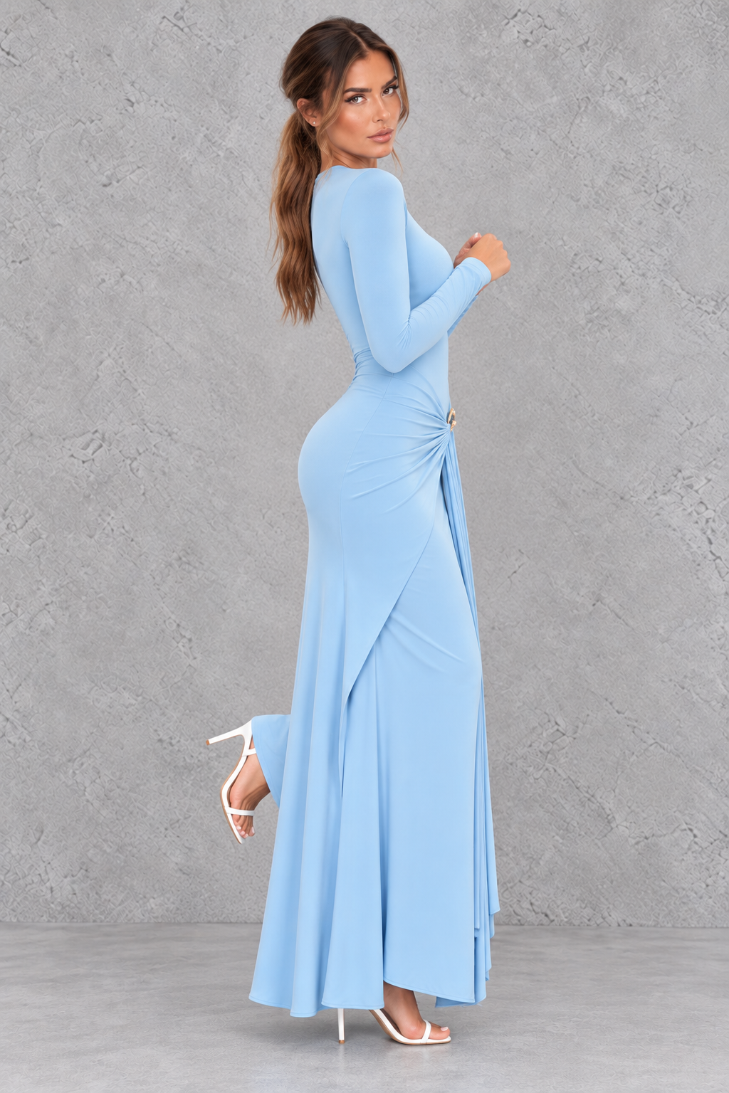 Women's Ruched Long Sleeve Bodycon Maxi Formal Dress - Evening Gown