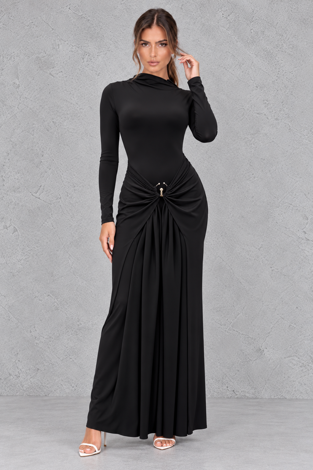 Women's Ruched Long Sleeve Bodycon Maxi Formal Dress - Evening Gown