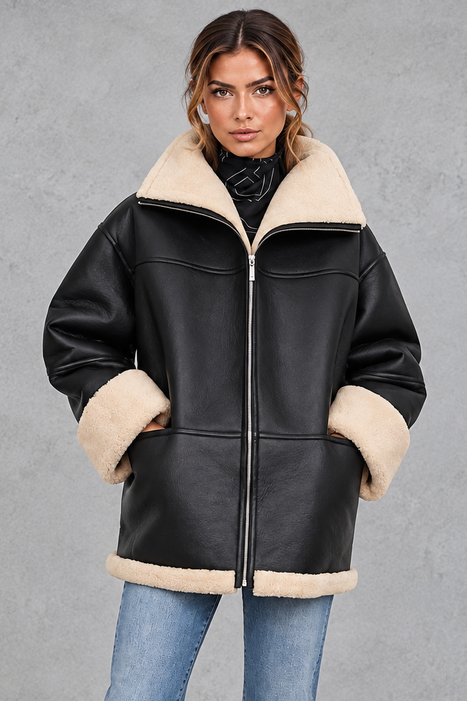 Women's Shearling-Lined Faux Leather Coat – Black