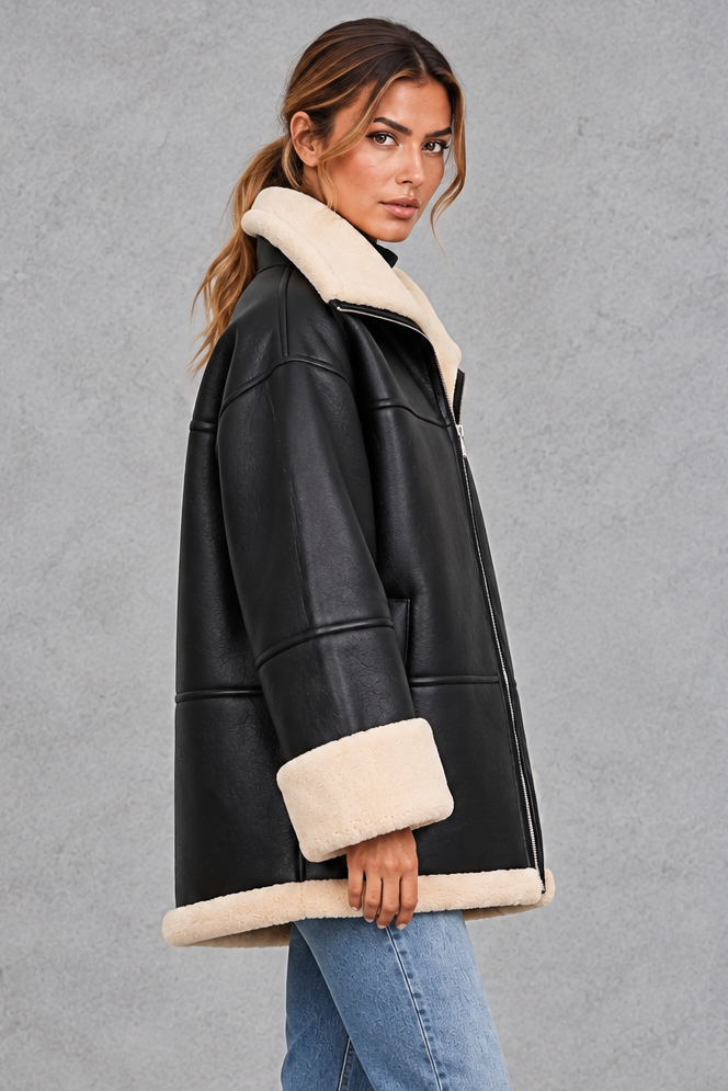 Women's Shearling-Lined Faux Leather Coat – Black