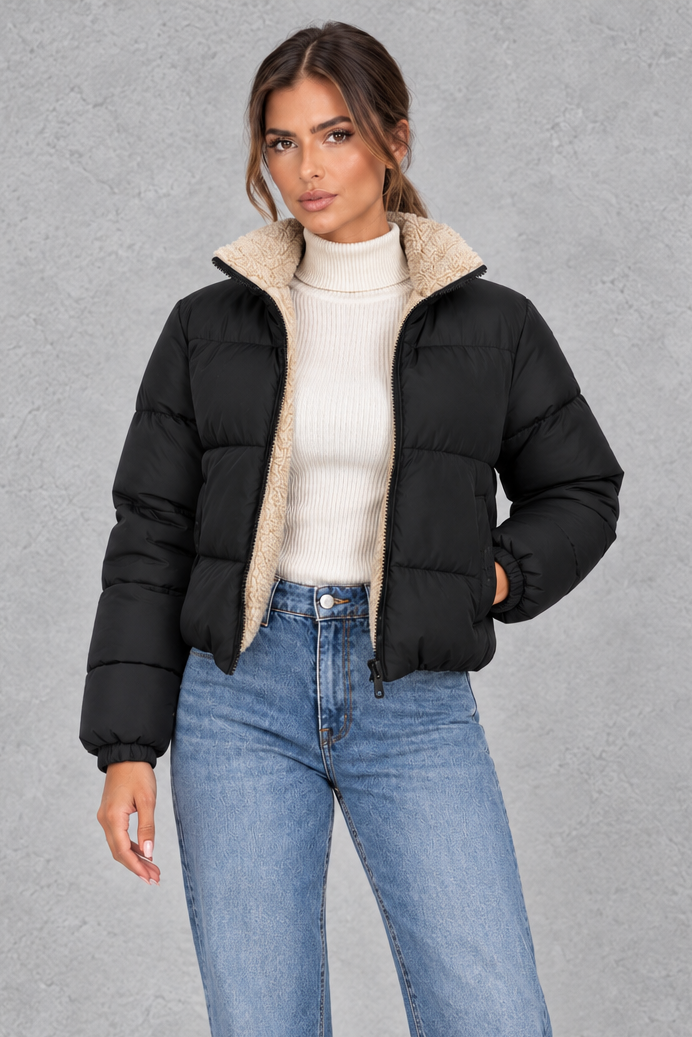Women's short puffer jacket with sherpa-lined high neck, front view
