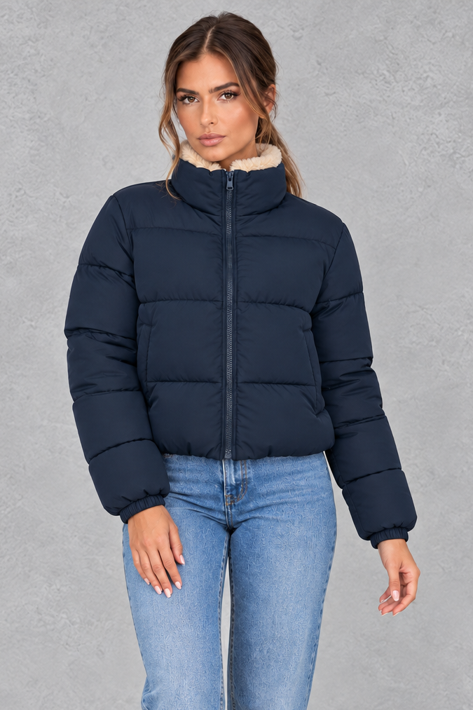 Sherpa collar puffer jacket shown in black and navy