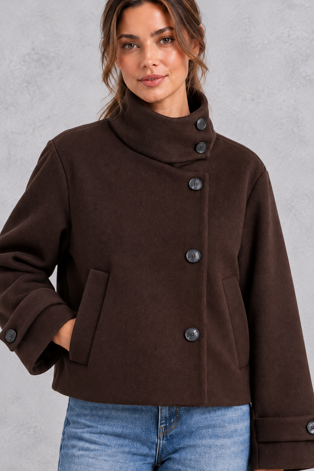 Women's Short Stand Collar Jacket – Chocolate Brown