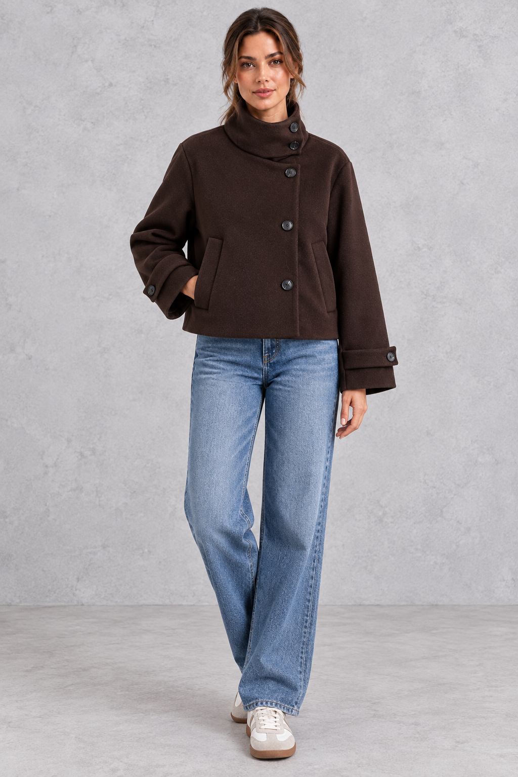 Women's Short Stand Collar Jacket – Chocolate Brown