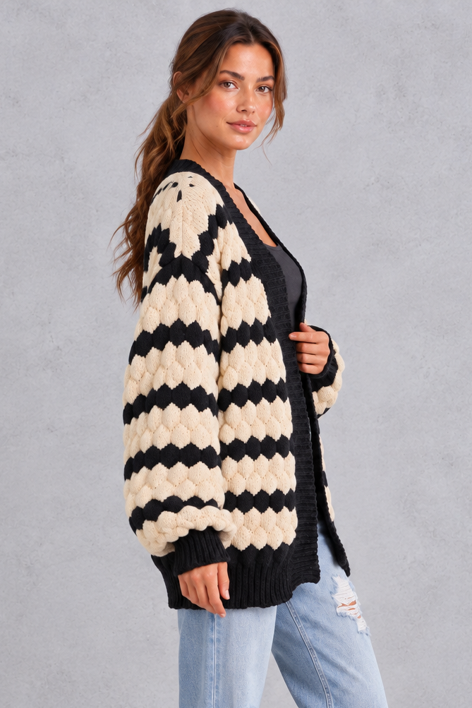 Apricot and black striped open front cardigan, styled look