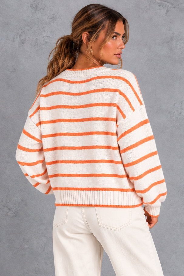 Striped knit cardigan in coffee brown, styled look