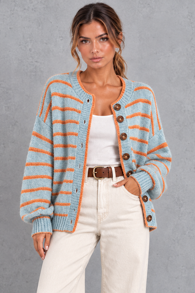 Back view of relaxed drop-shoulder striped cardigan