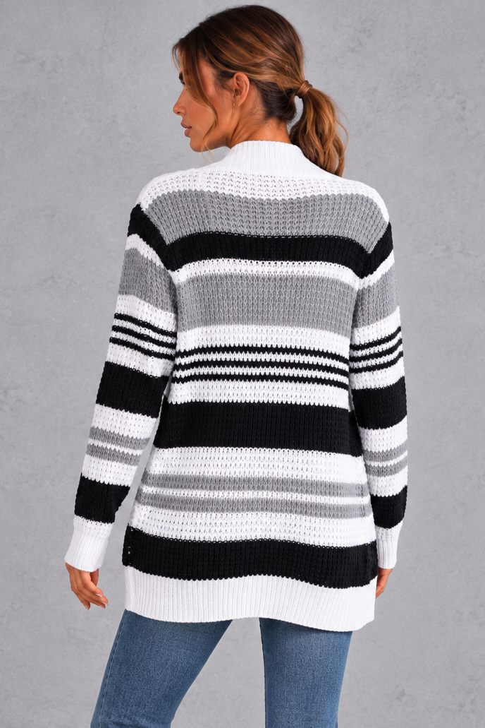 Women's Striped Open Front Cardigan – Gray