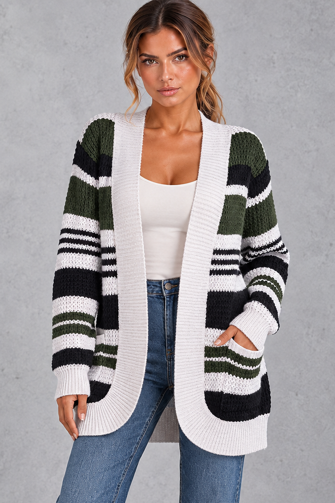 Women's Striped Open Front Cardigan – Olive Green
