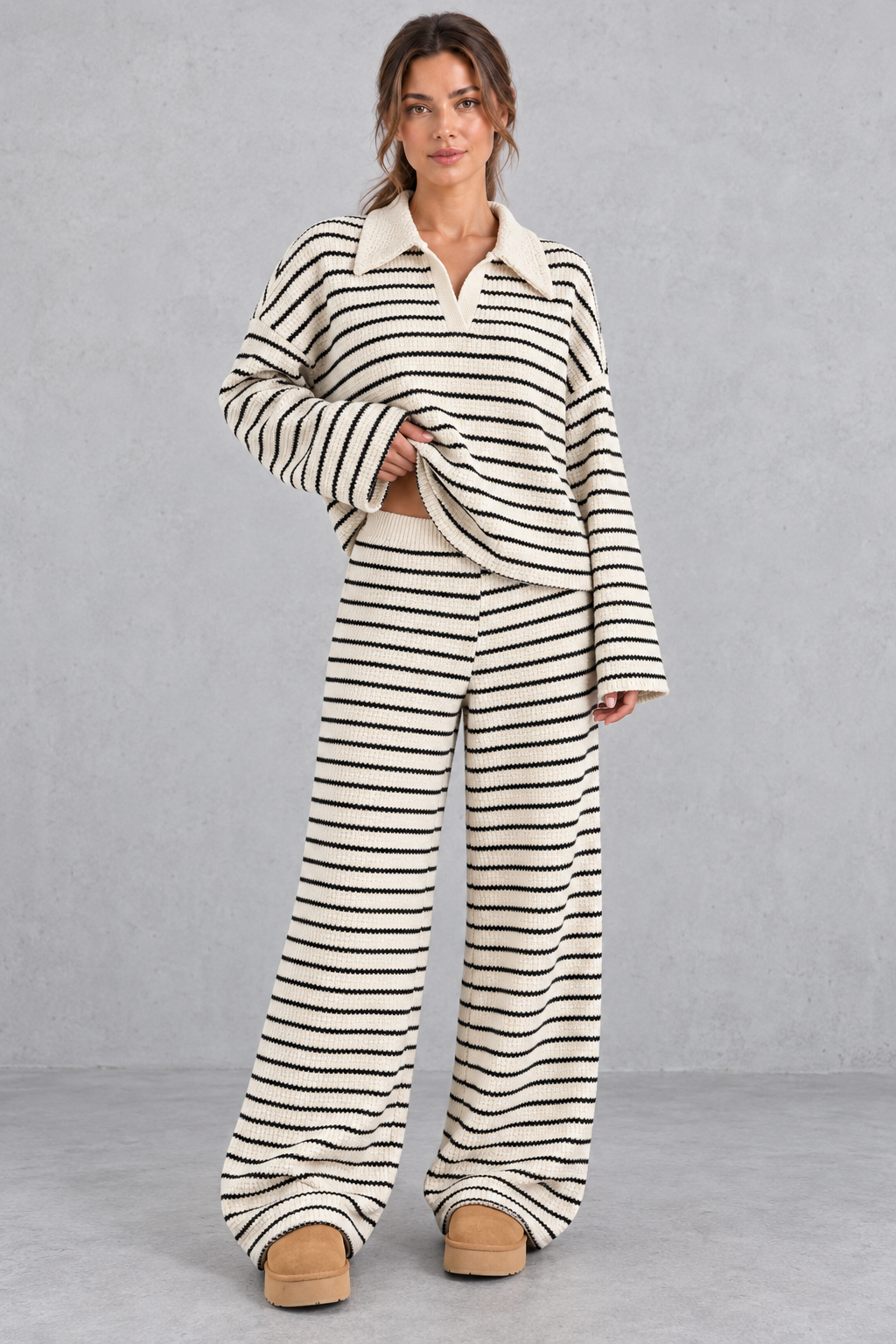 Women's striped knit collared V-neck sweater and wide leg pants set, front view