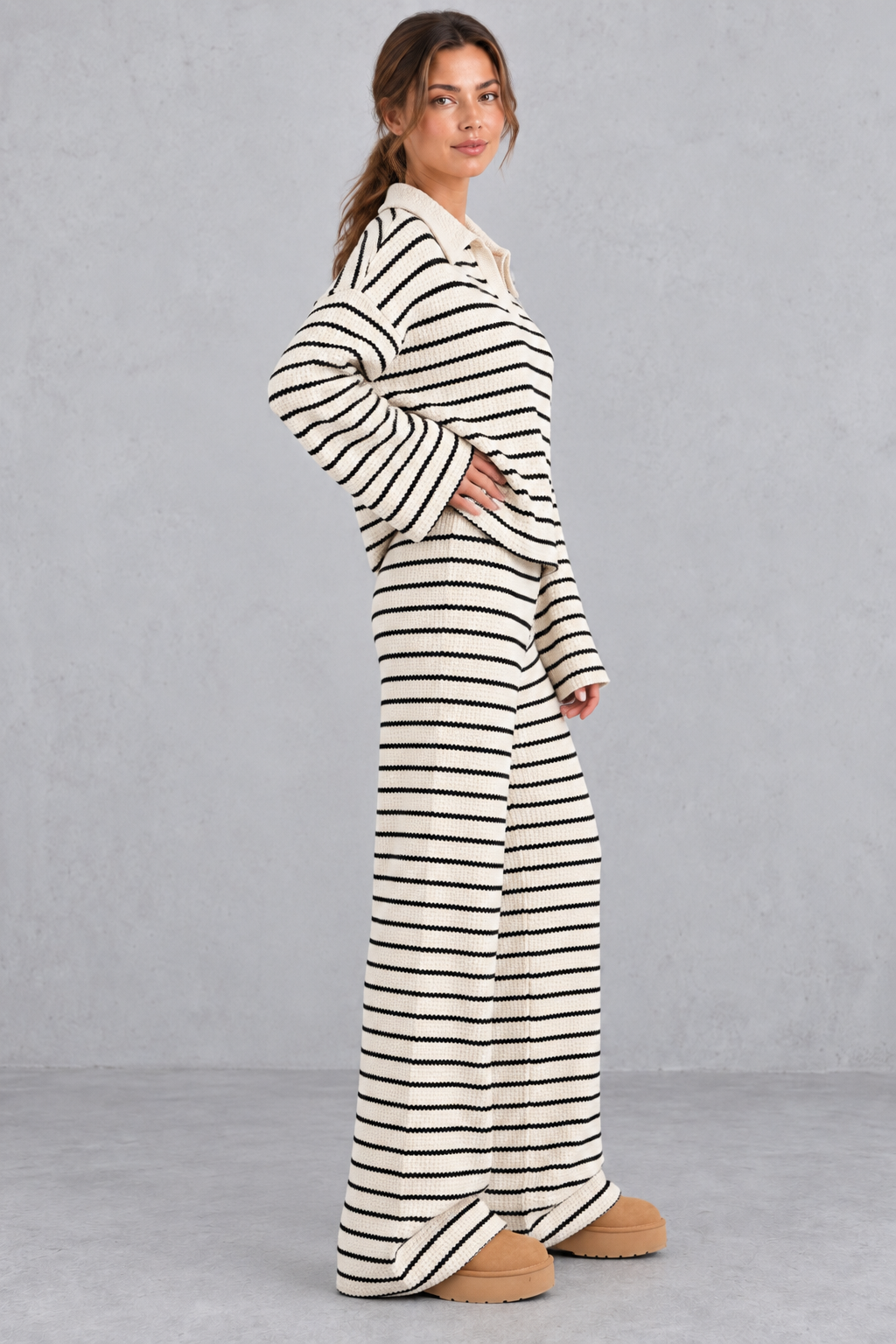 Back view of the striped knit lounge set