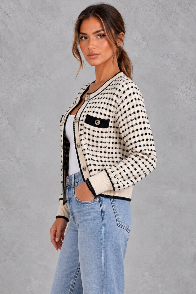 Contrast trim button cardigan styled with tailored pants
