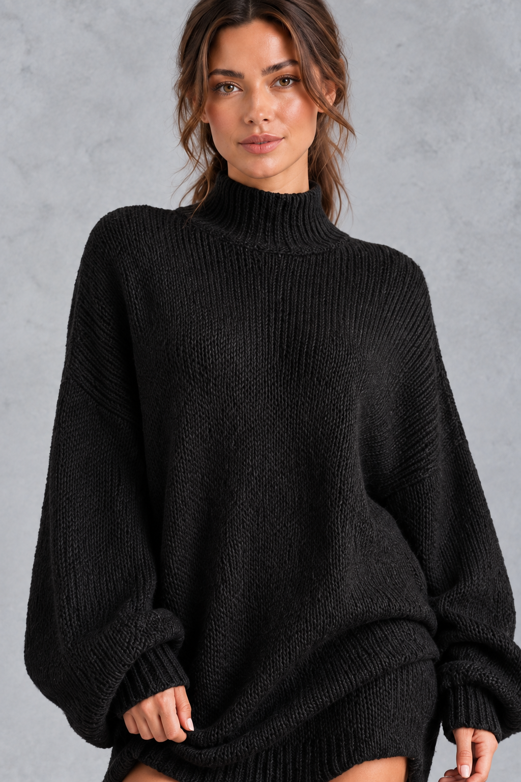 Close-up of the high turtleneck and textured knit on a women's sweater dress