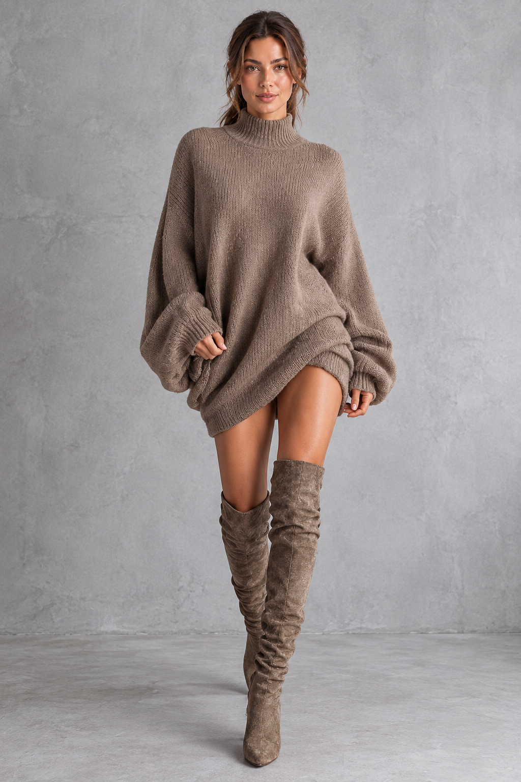 Women's oversized turtleneck dress with dropped shoulders, side view