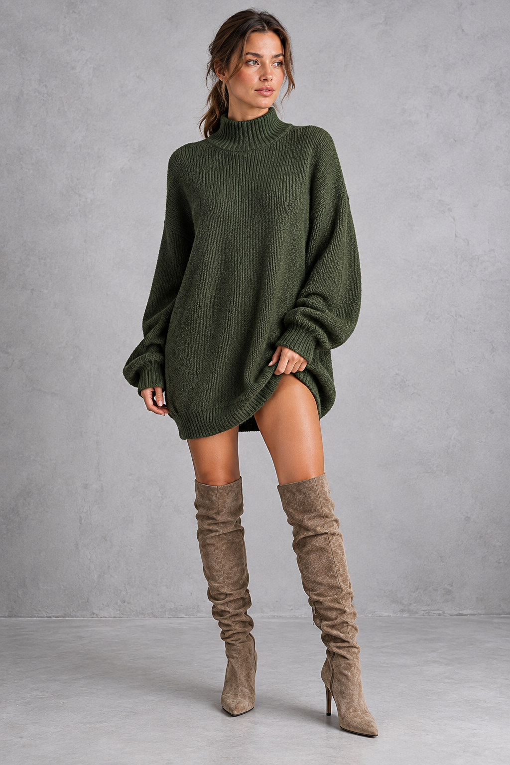 Women's long sleeve turtleneck sweater dress layered under a long coat