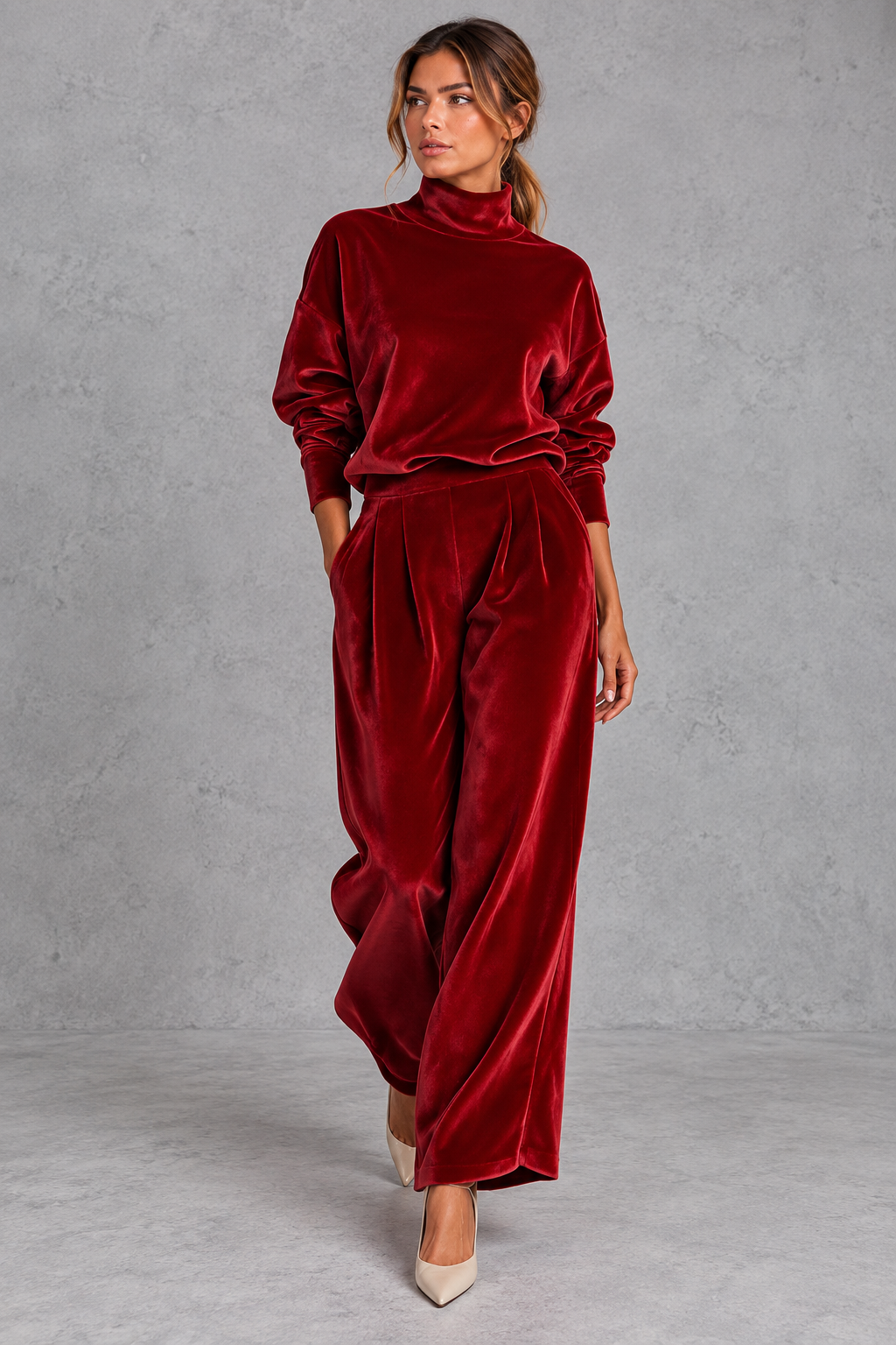 Velvet set styled with ankle boots for an evening out