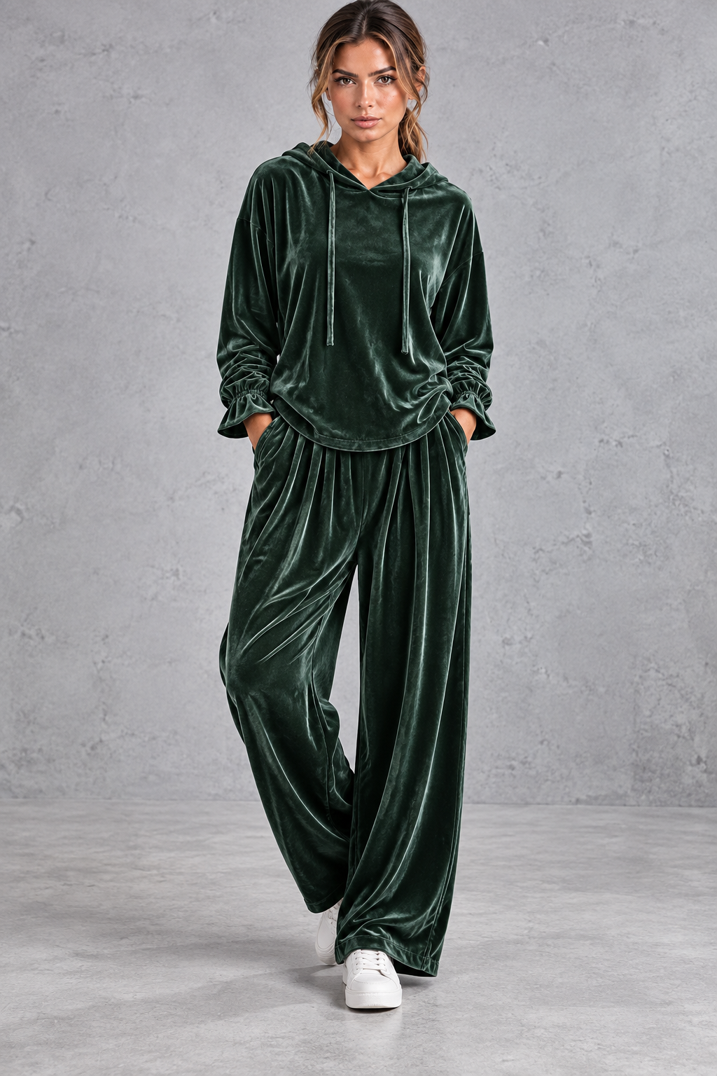 Casual styled look wearing the velvet loungewear set with sneakers