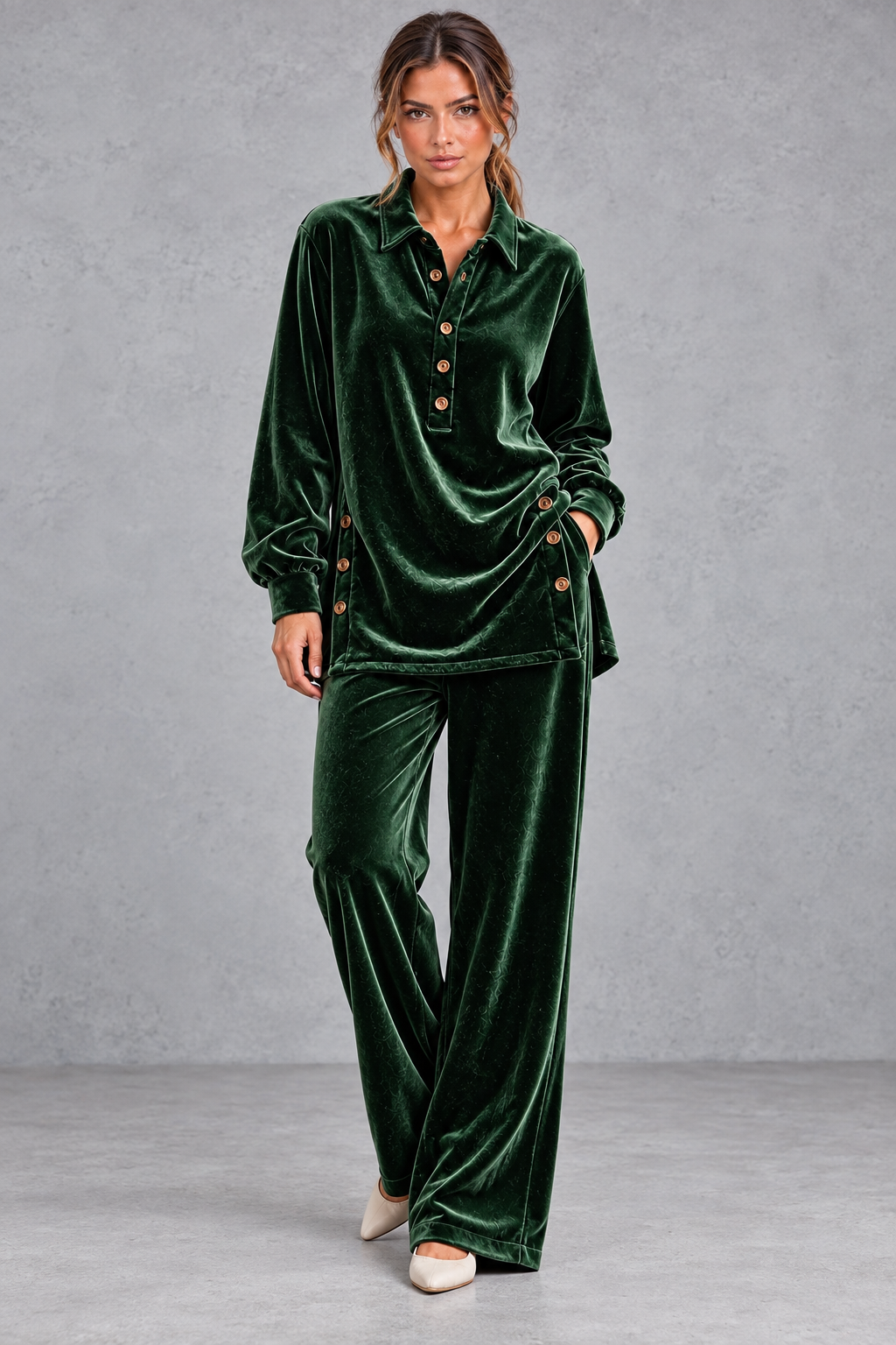 Women's velvet collared shirt and wide leg pants set, front view
