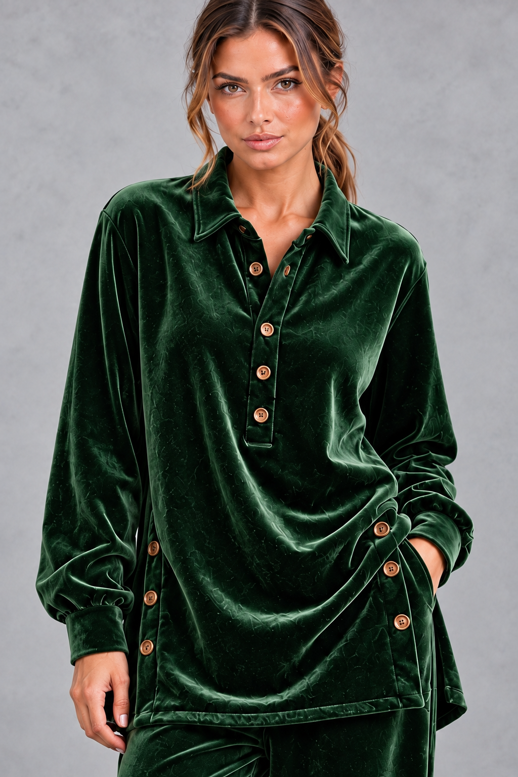 Close-up of the classic collar and half-button placket