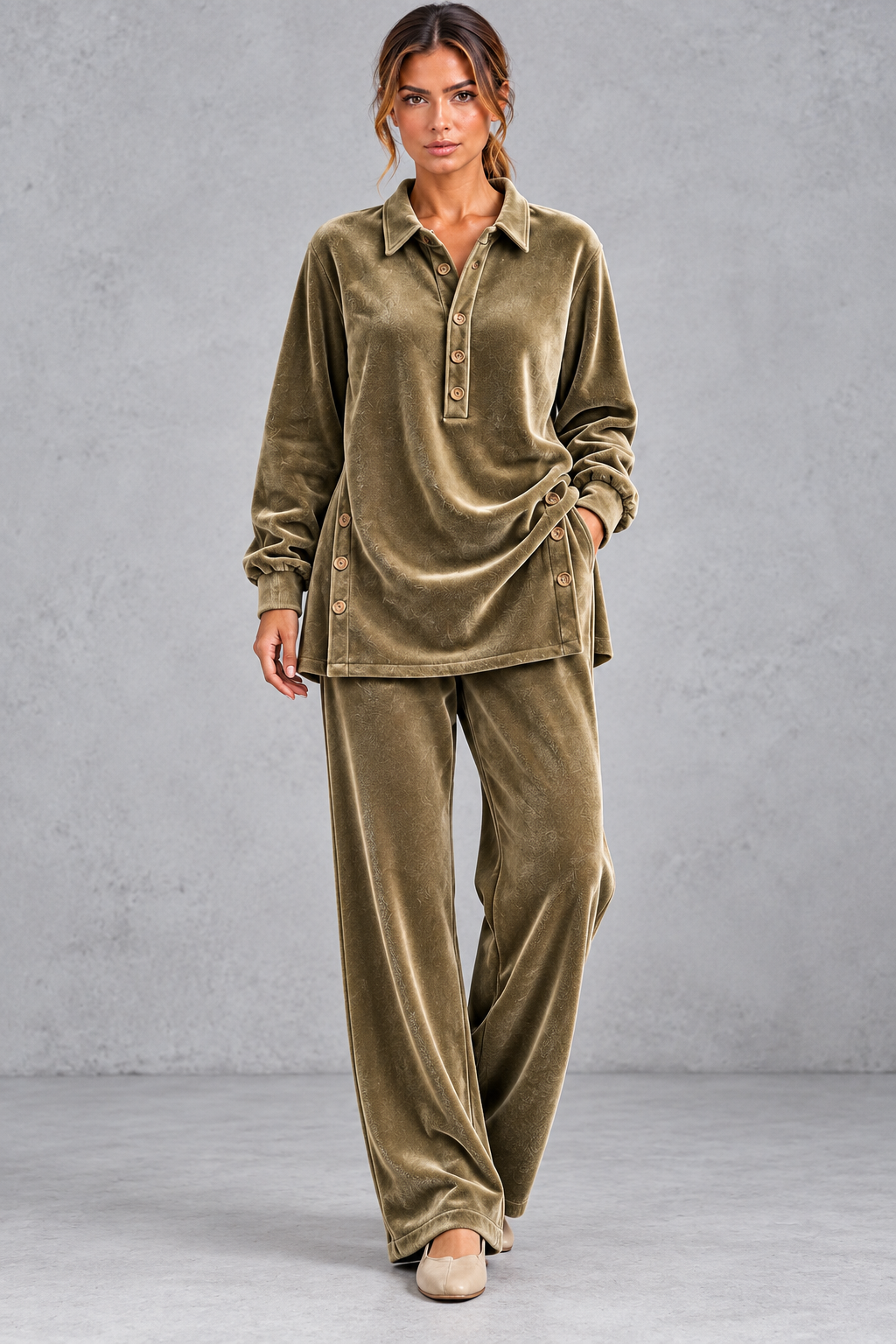 Velvet shirt and pants set styled for dinner out