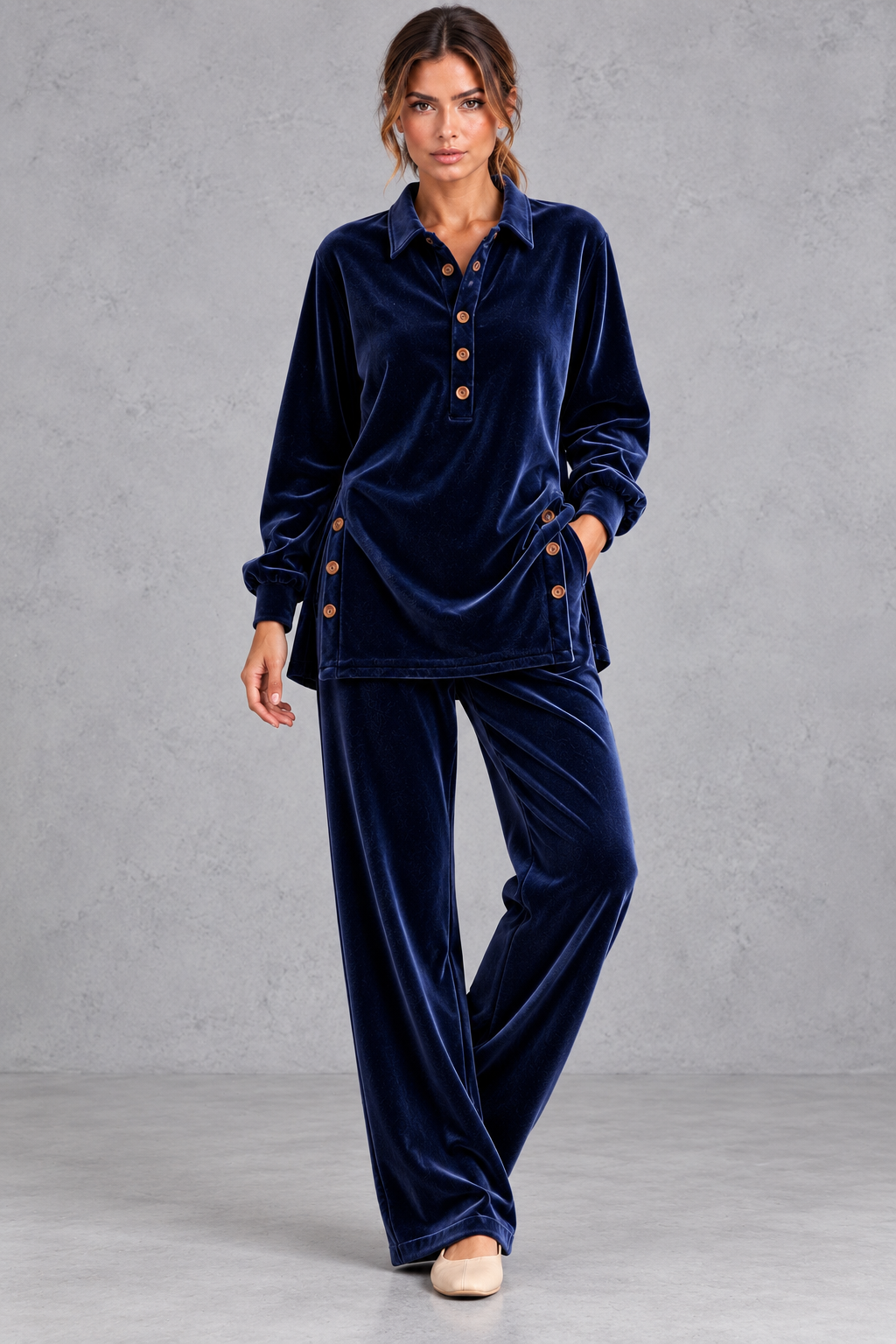 High-waisted wide leg velvet pants with side pocket