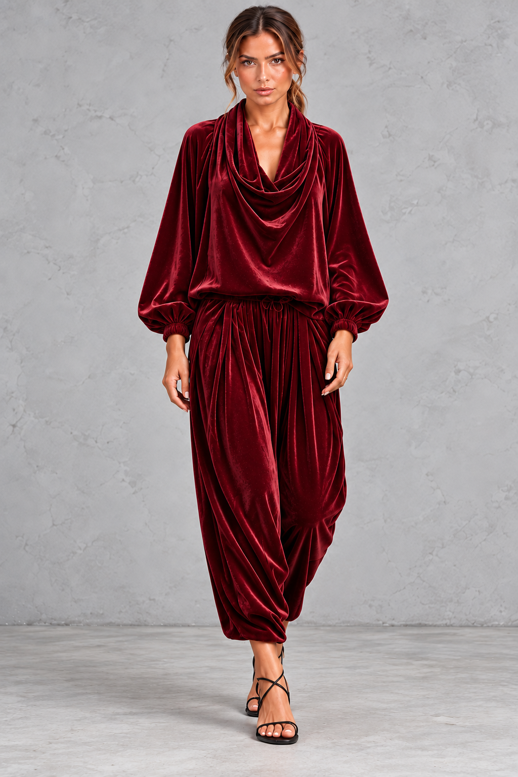 Women's velvet two-piece set with cowl neck top and harem pants, front view