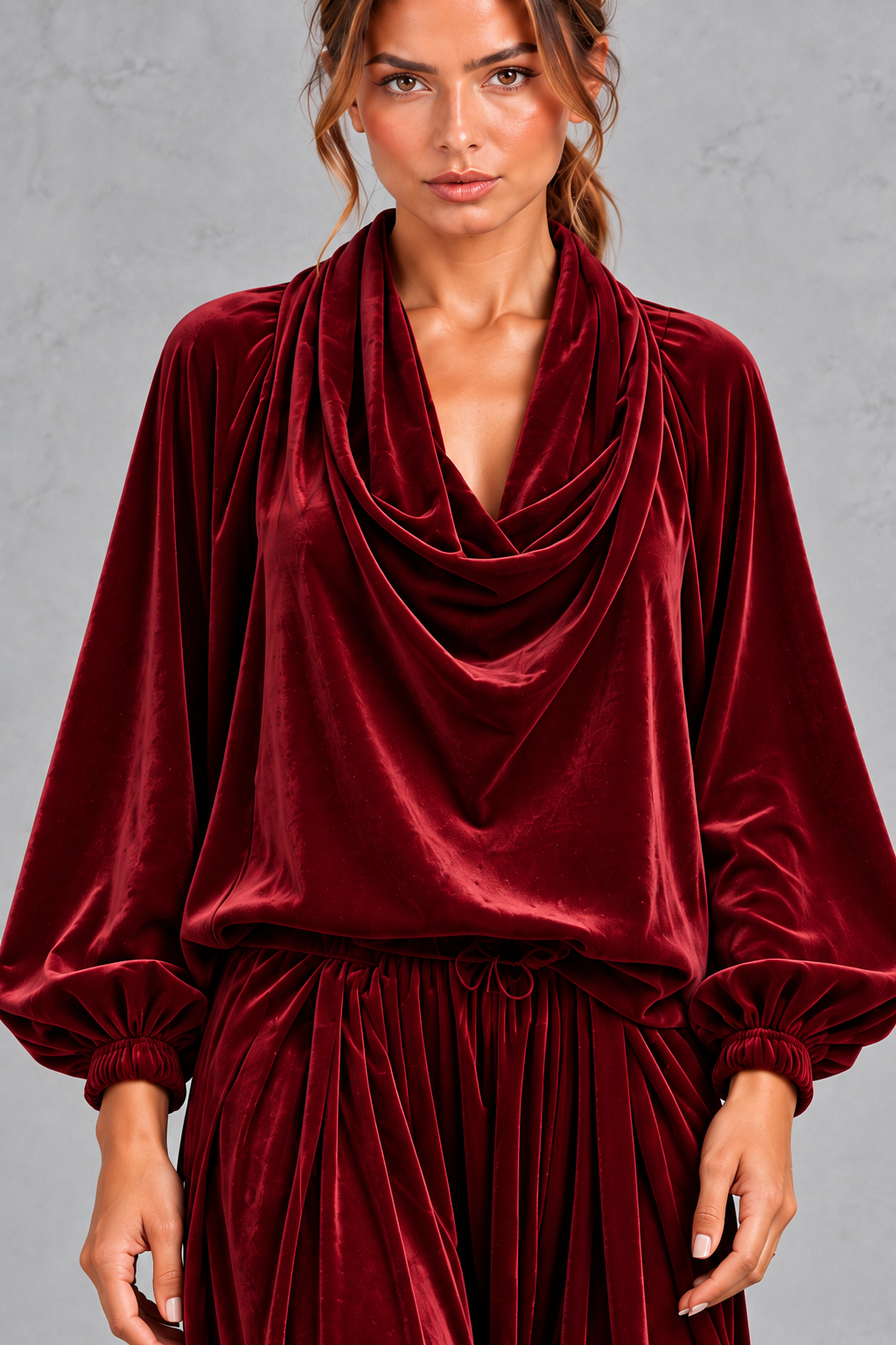 Back view of the velvet cowl neck top and drawstring harem pants