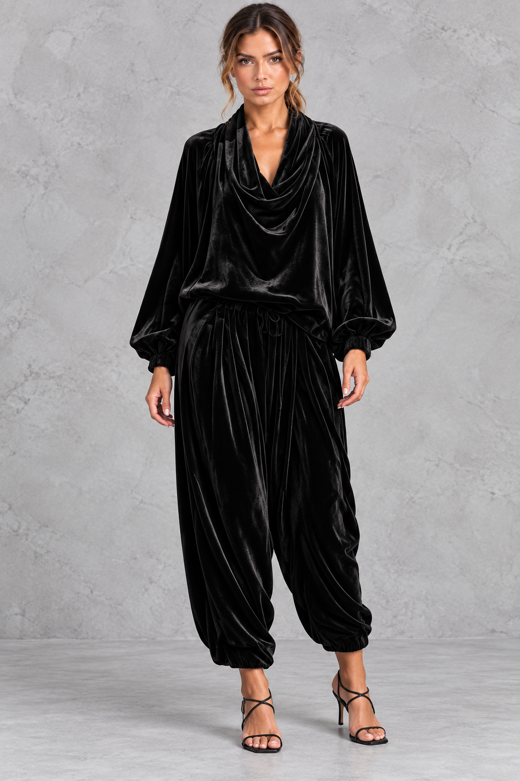 Velvet harem pants with gathered cuffed ankles, side view