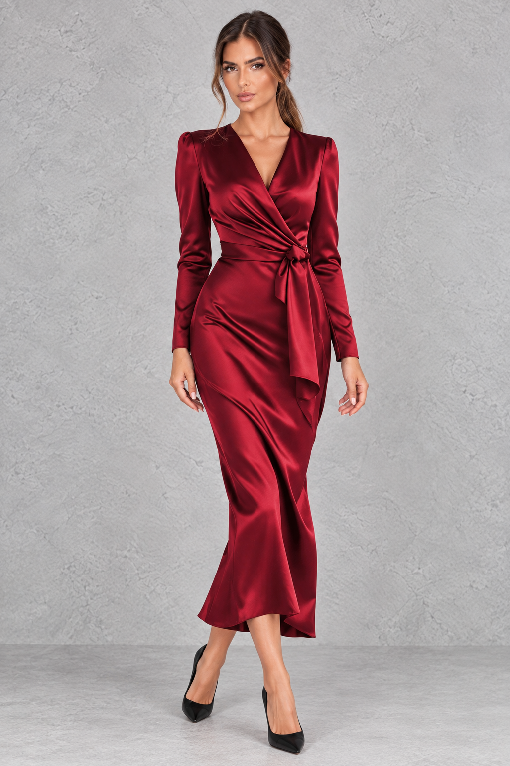 Woman wearing a vintage lace long sleeve dress with defined waist, ideal for holiday parties.
