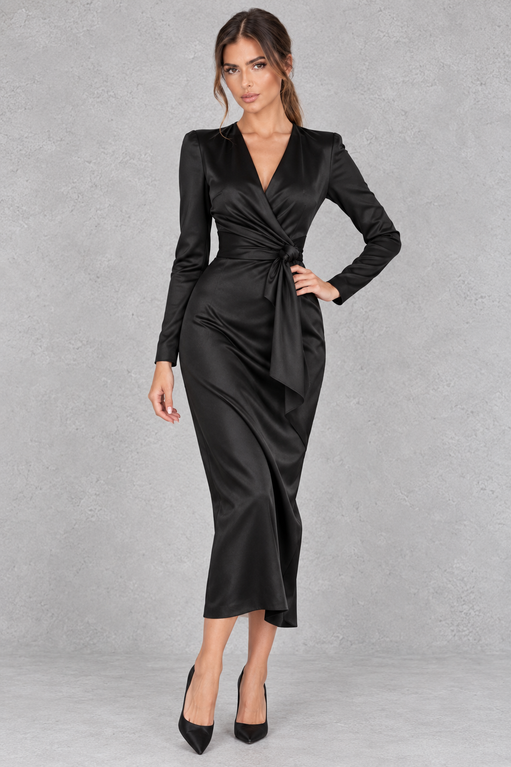 Side view of a long sleeve lace dress showing its defined waist, perfect for fall events.