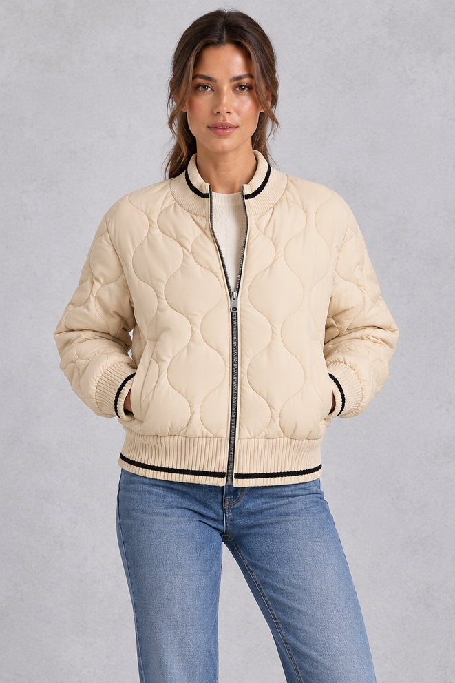 Women's wave-quilted bomber jacket with ribbed collar, front view
