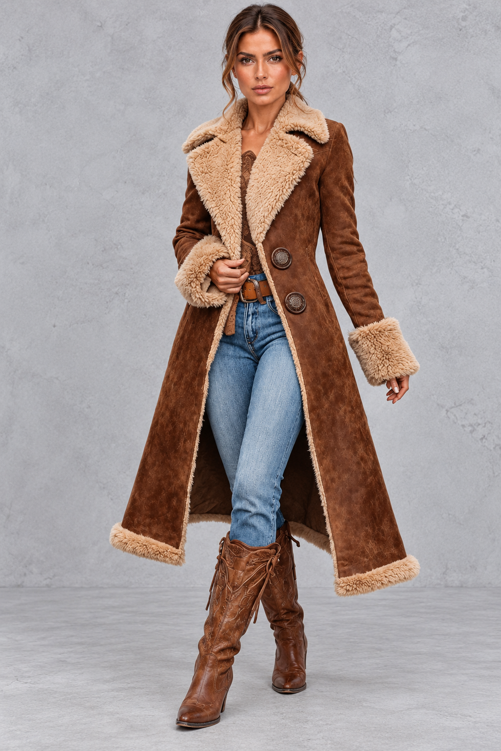 Women's Western denim trench coat with plush detailing, front view