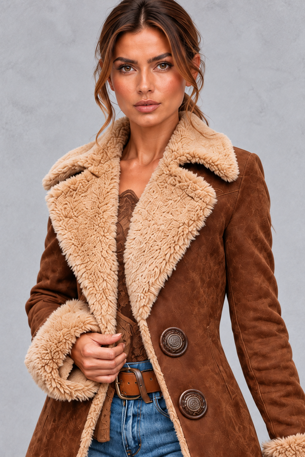 Close-up of the soft plush detailing on the denim coat