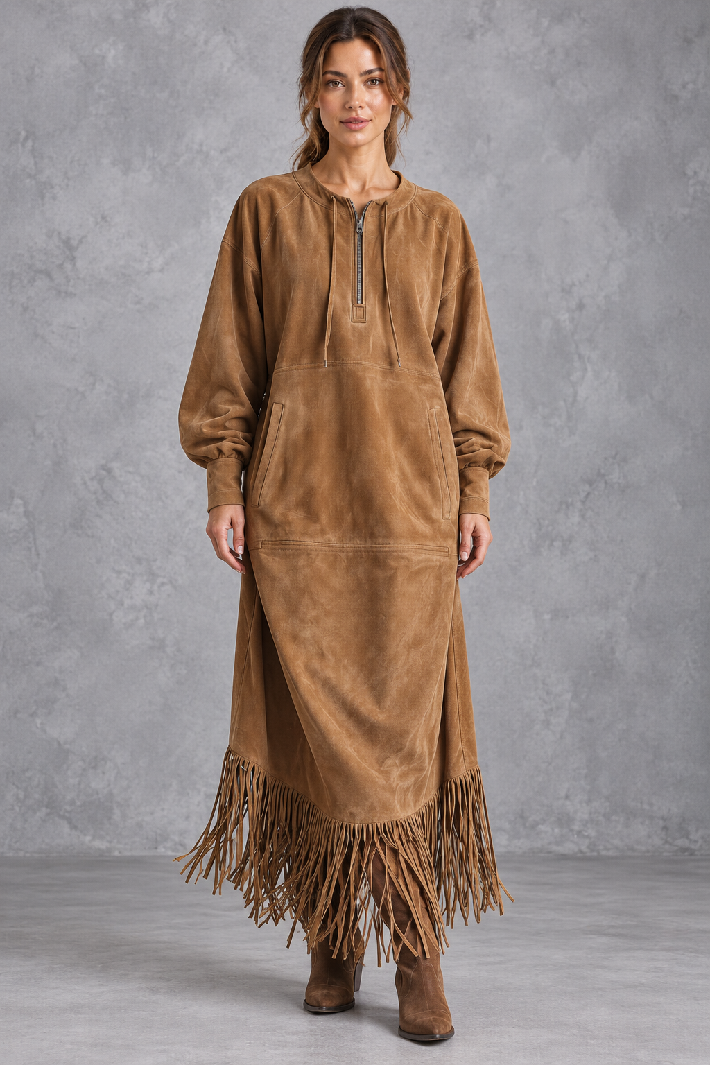 Women's Western faux suede midi dress with long sleeves and fringe hem, front view