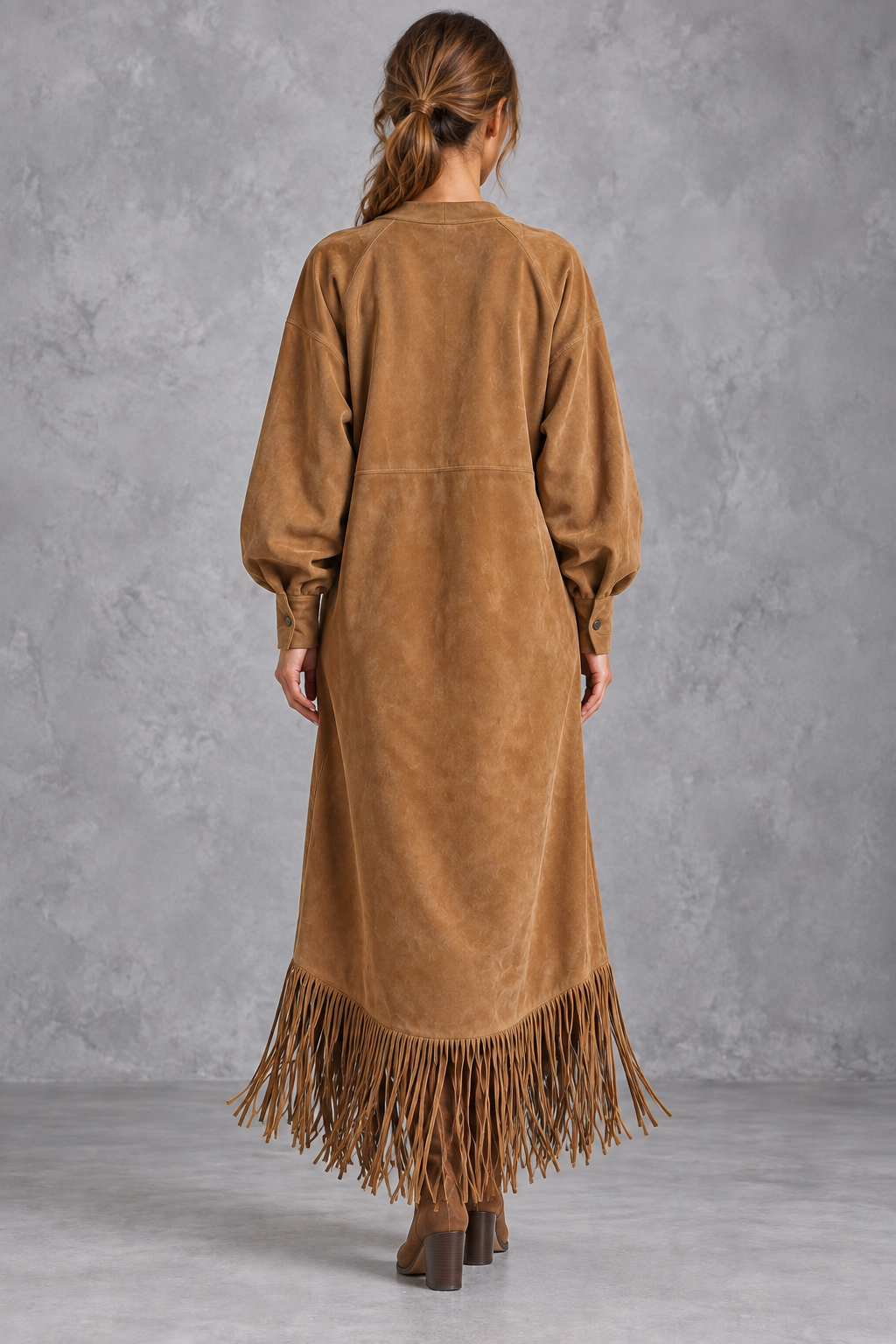 Women's long sleeve boho midi dress in brown faux suede, side view