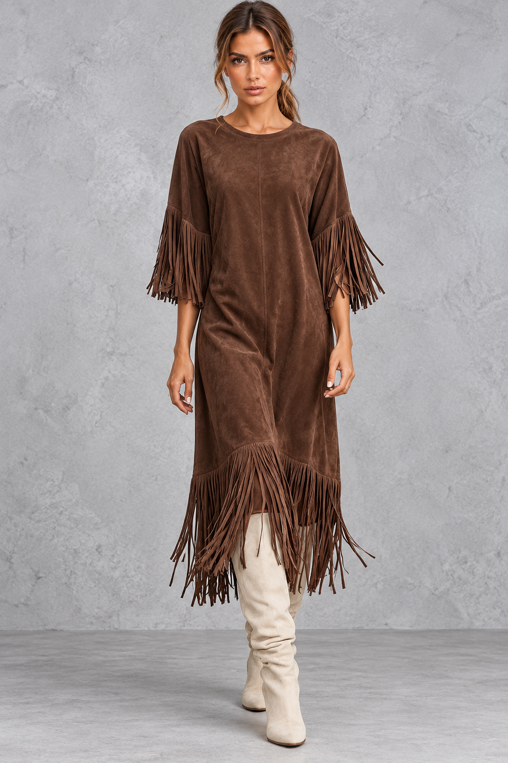 Women's boho faux suede midi dress with fringed elbow sleeves, front view