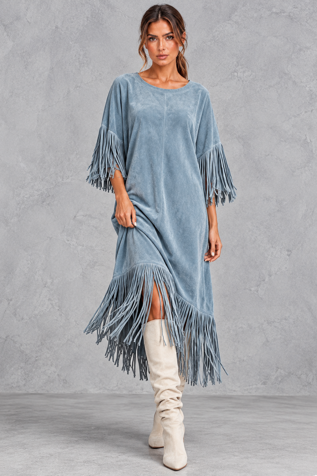 Women's round neck fringe midi dress in a bright color, side view