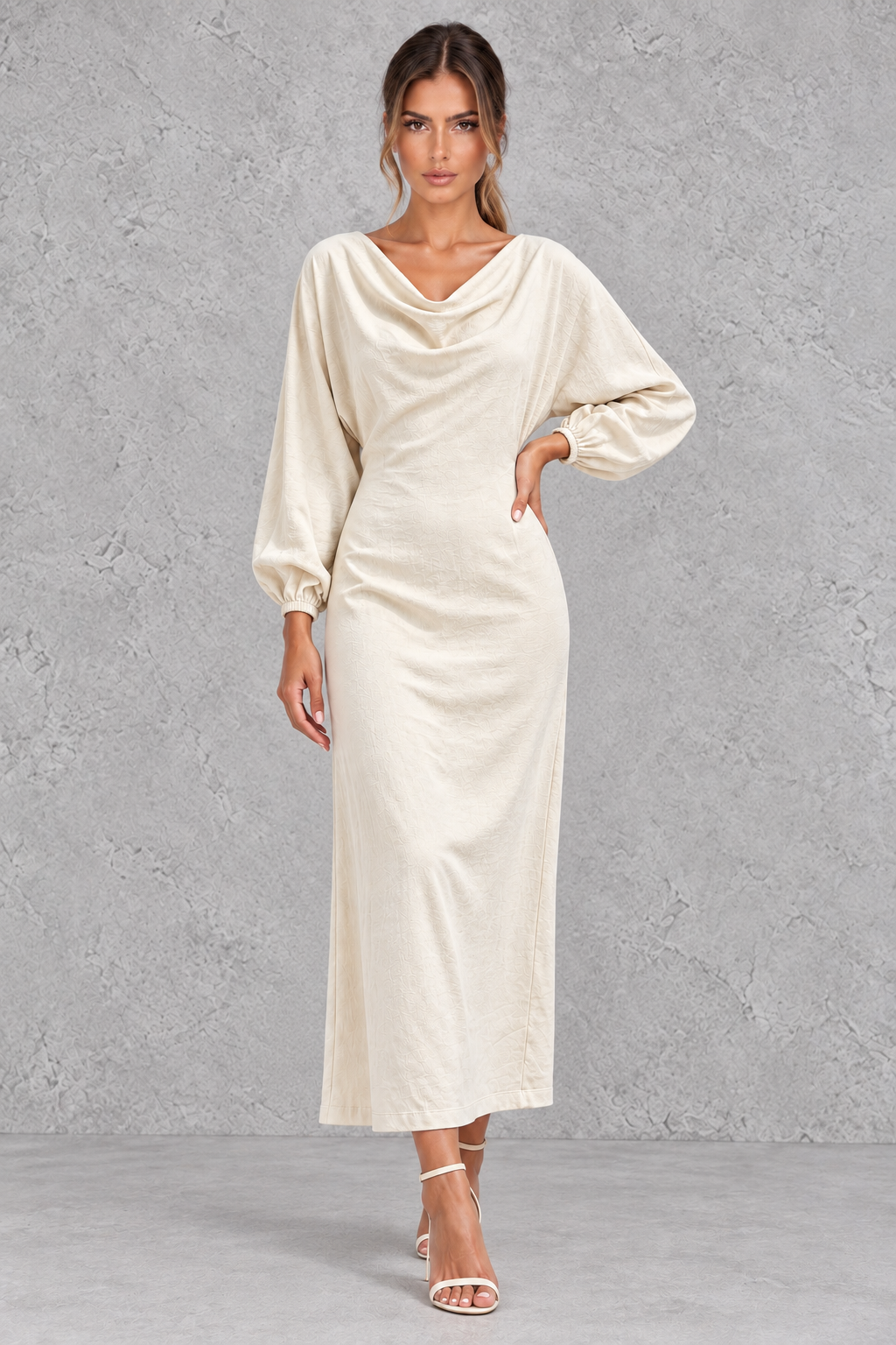 Women's Cowl Neck Long Sleeve Midi Party Dress - Office & Wedding Guest