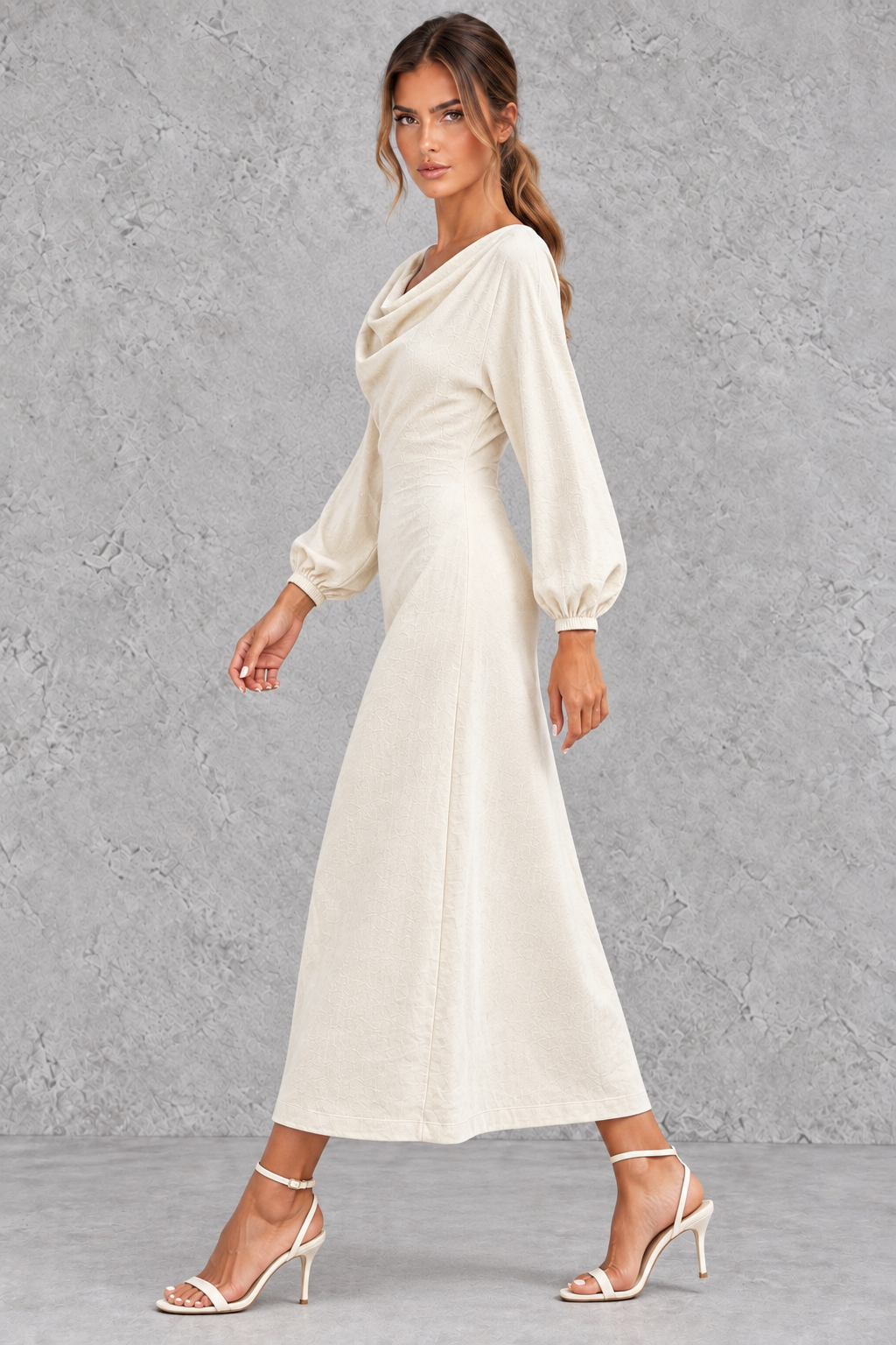 Women's Cowl Neck Long Sleeve Midi Party Dress - Office & Wedding Guest