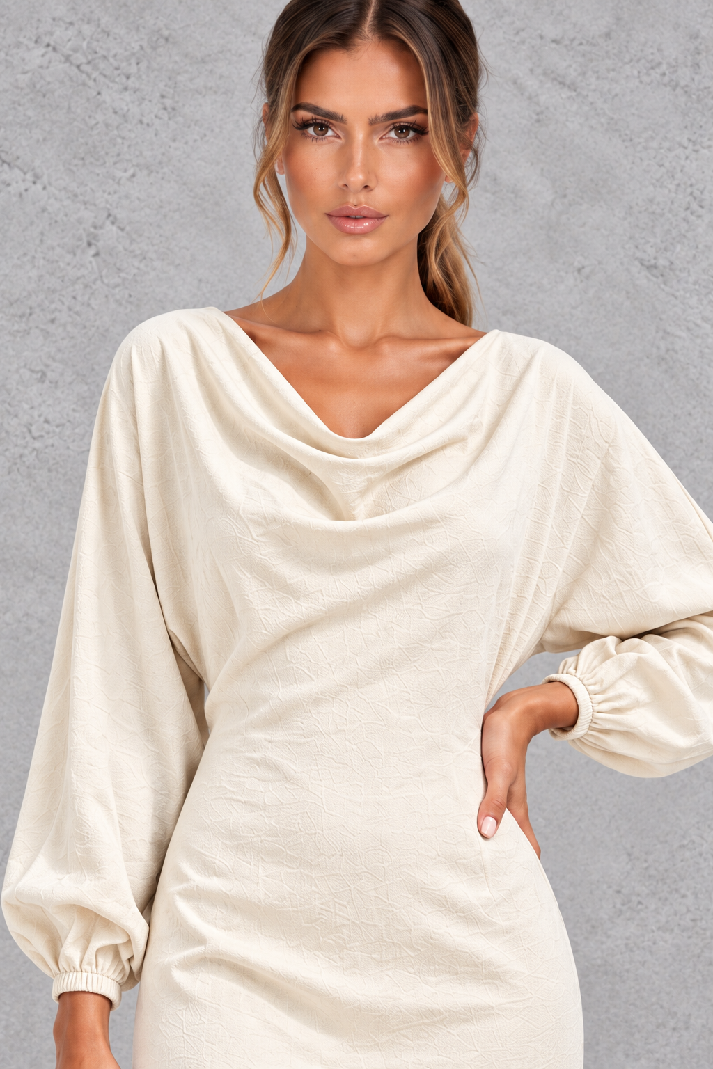 Women's Cowl Neck Long Sleeve Midi Party Dress - Office & Wedding Guest