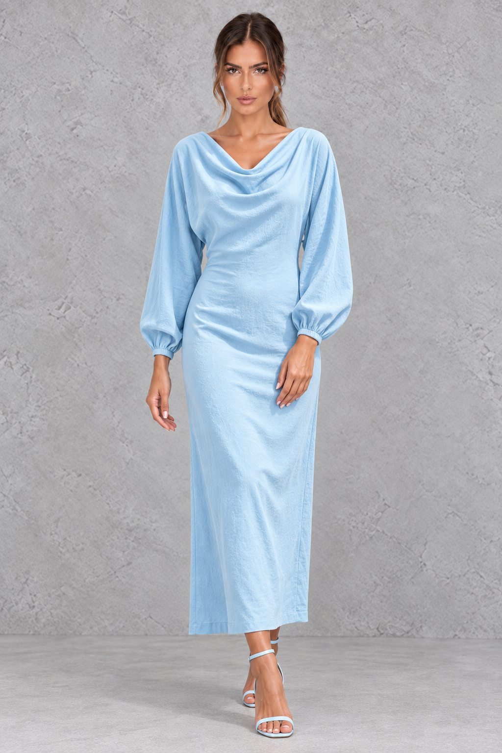 Women's Cowl Neck Long Sleeve Midi Party Dress - Office & Wedding Guest
