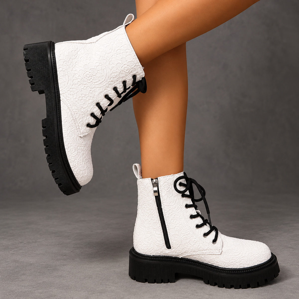 Women's White Embossed Combat Boots – White