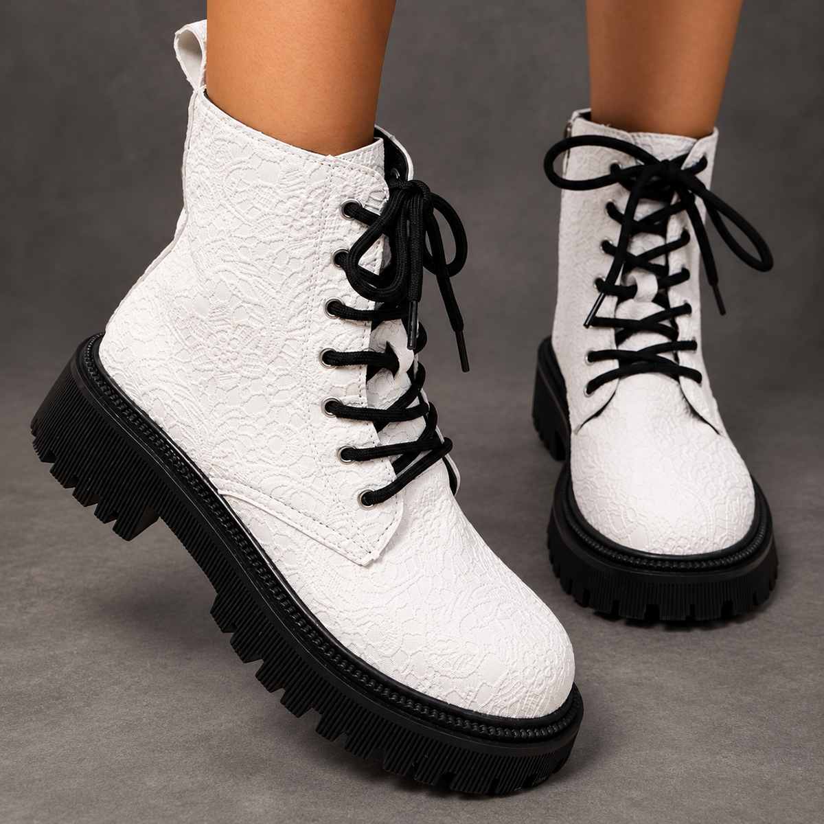 Women's White Embossed Combat Boots – White