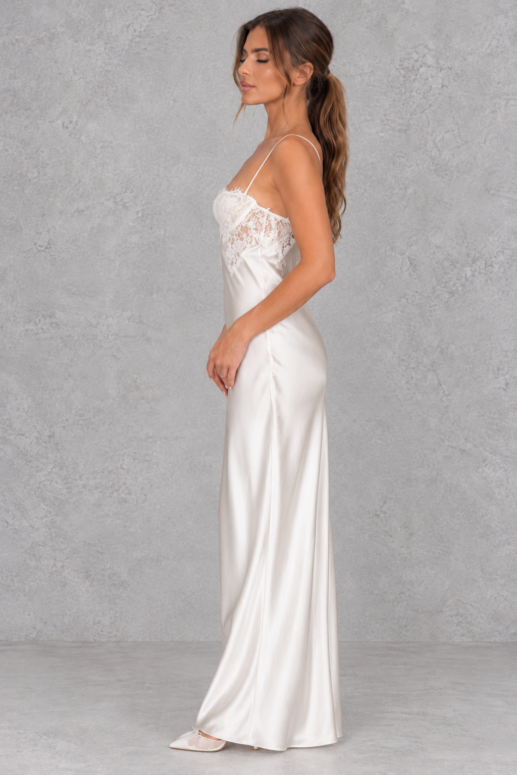 Satin-look maxi dress with lace splicing, perfect for cocktail parties.