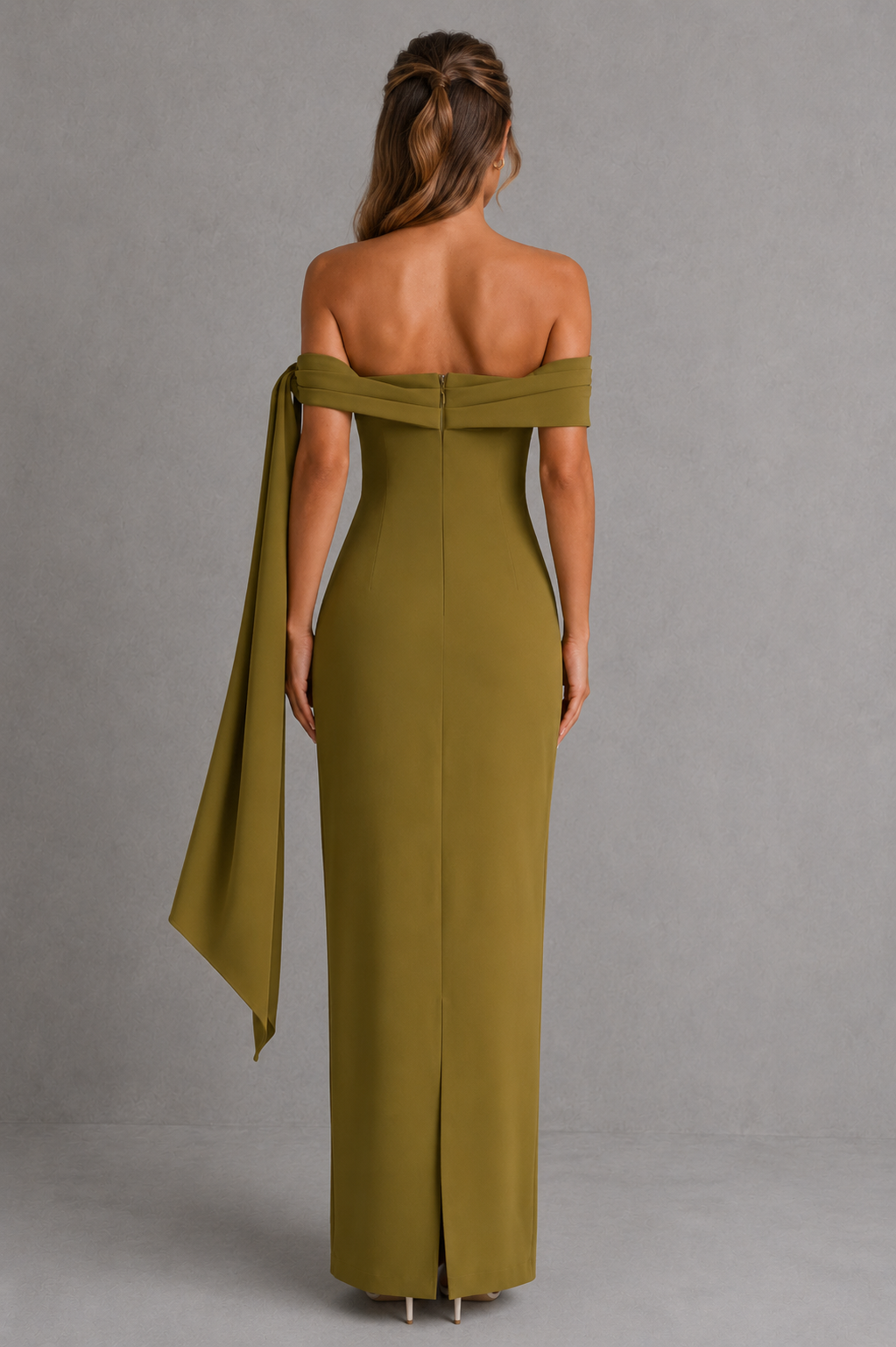 Elevate your evening style with this womenโs bardot maxi dress featuring an asymmetric pleated neckline, draped knot tie detail, fitted silhouette, and elegant column skirt in premium crepe.