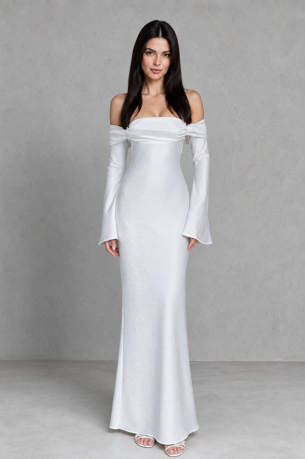 Women's bardot satin maxi dress with twisted off-shoulder neckline, attached waist tie, long flared sleeves, and flowing bias-cut silhouette for elegant evening and formal occasions.